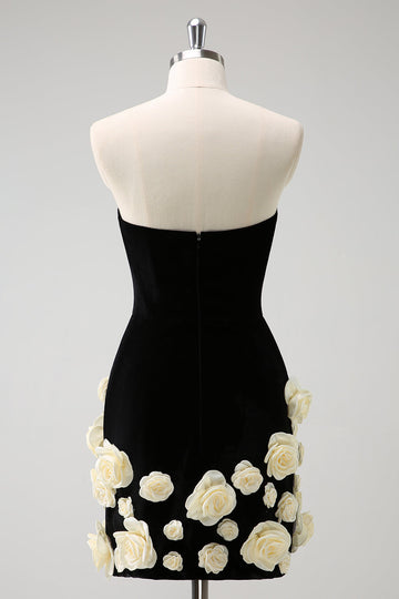 Black Strapless Bodycon Short Cocktail Dress with 3D Flowers